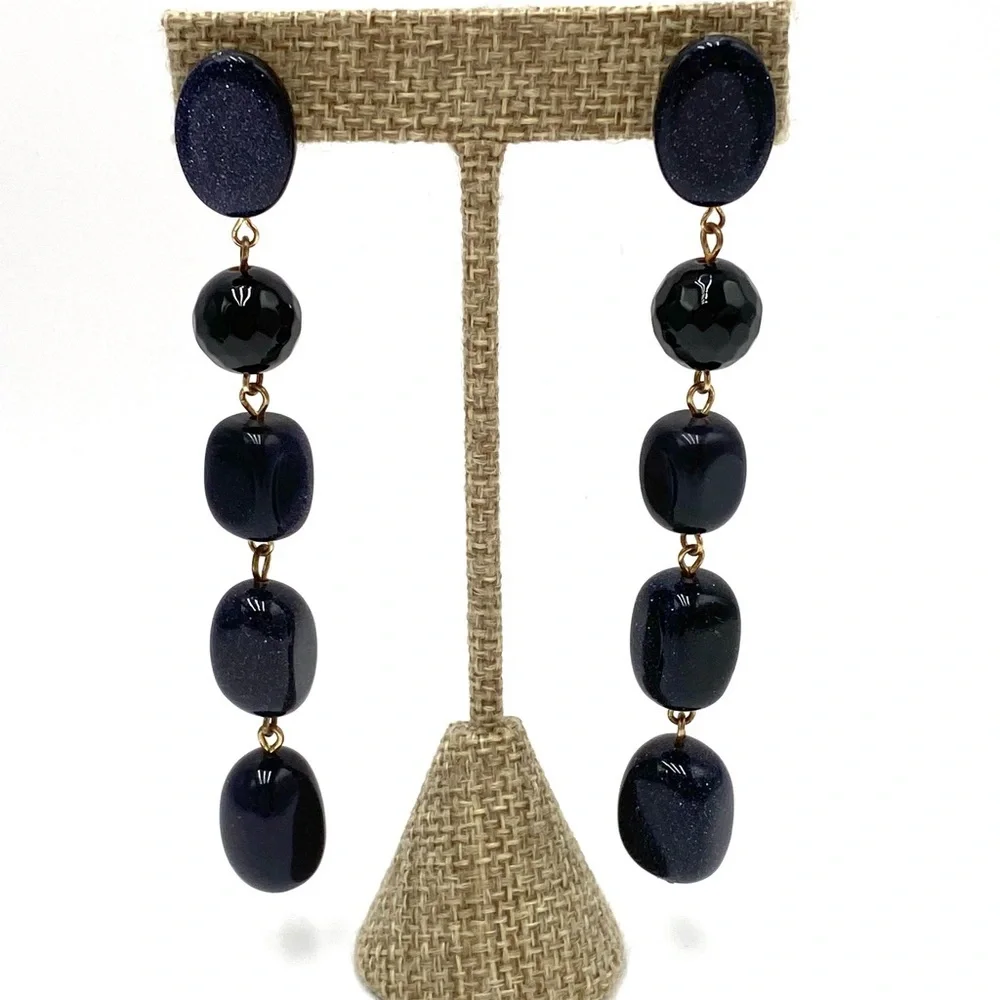 Earrings Artisan Stone ? Beaded Dark Navy Gold Specks Heavy 4”